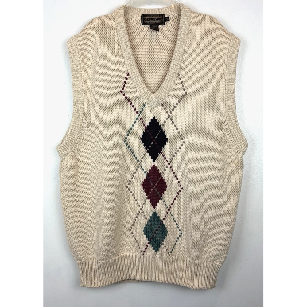 Vtg Eddie Bauer Sweater Vest Mens XL Cotton Argyle Chunky Knit Pullover Grandpa